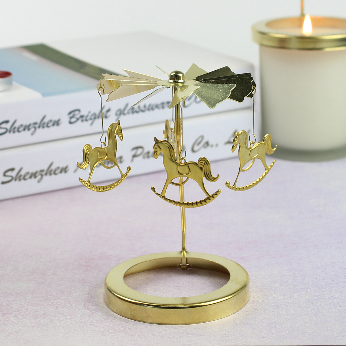 New Arrivals Cute Horse Gold Carousel Candlestick Spinning Rotary Metal Tea Light Candle Holder for Wedding Favors