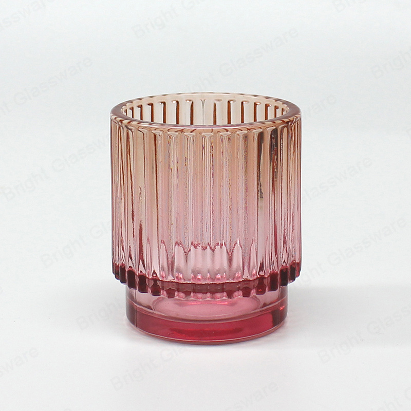 China Supplier 100ml 200ml Pink Purple Gradient Color Ribbed Glass Votive Candle Holder For Candle Making