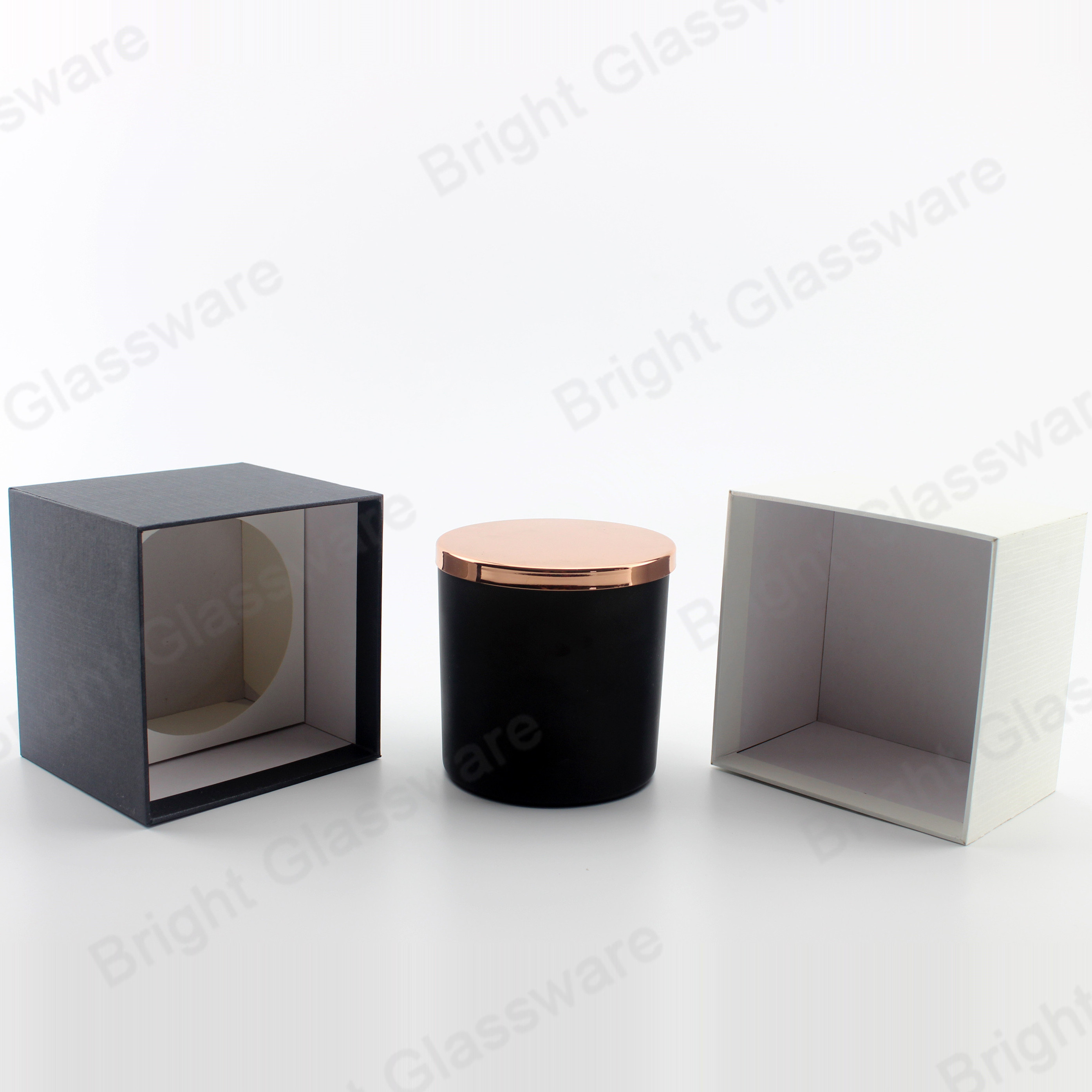 Wholesale empty 30cl matte finished candle vessels 10oz Matte black glass candle jars with rose gold metal lid and box in bulk