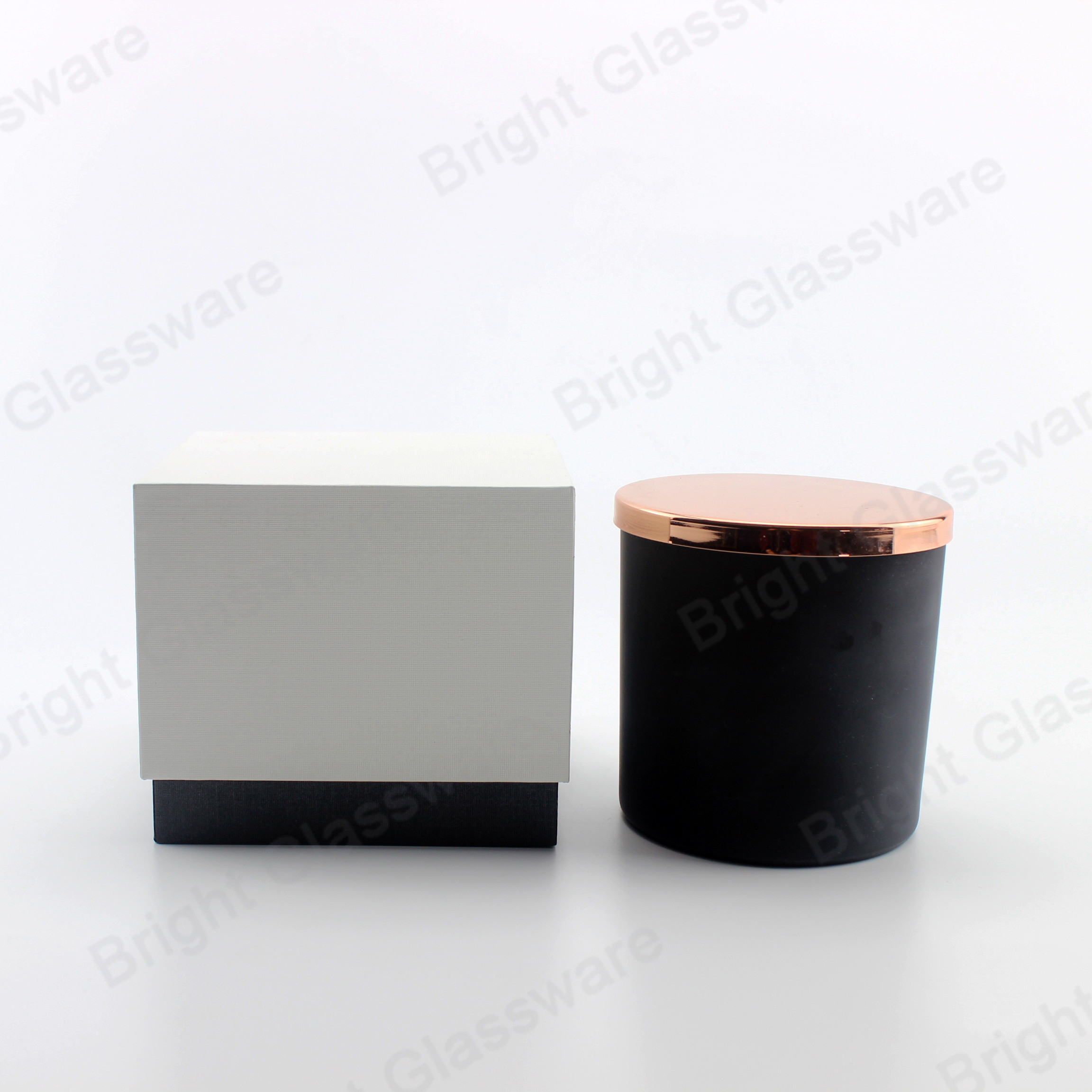 Wholesale empty 30cl matte finished candle vessels 10oz Matte black glass candle jars with rose gold metal lid and box in bulk