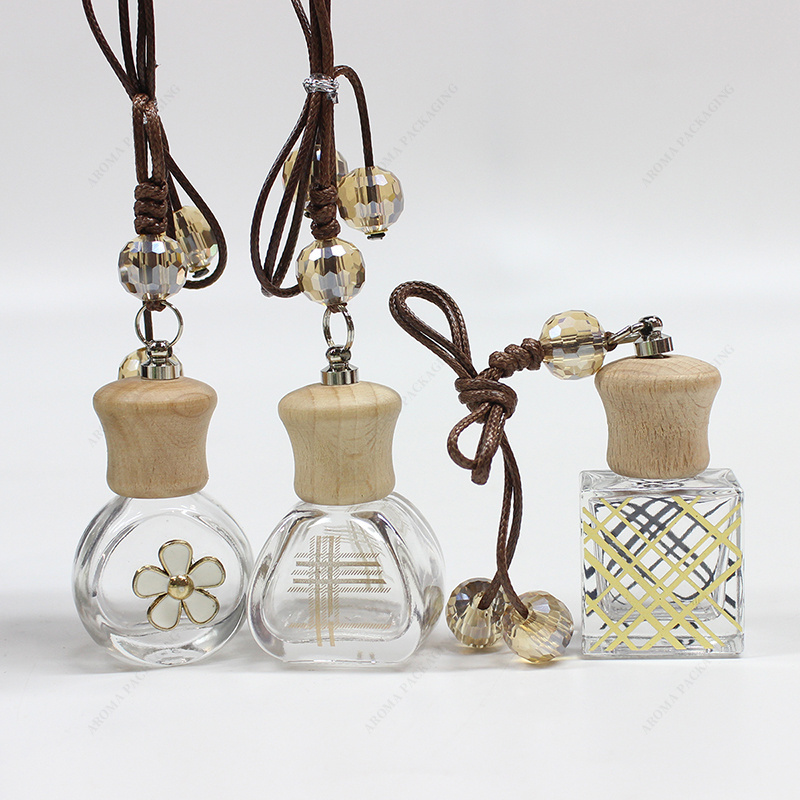 Factory Wholesale New Design Custom Perfume Wooden Lid Luxury Hanging Glass Empty Scented Liquid Car Diffuser Bottle