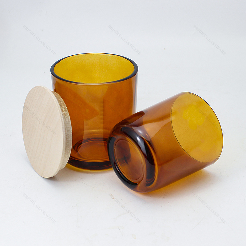 Wooden Wick Supplier Glass Candle Holders 8oz 12oz Curved Vessels Unique Amber Black Candle Jars Luxury With Wood Lid Wholesale