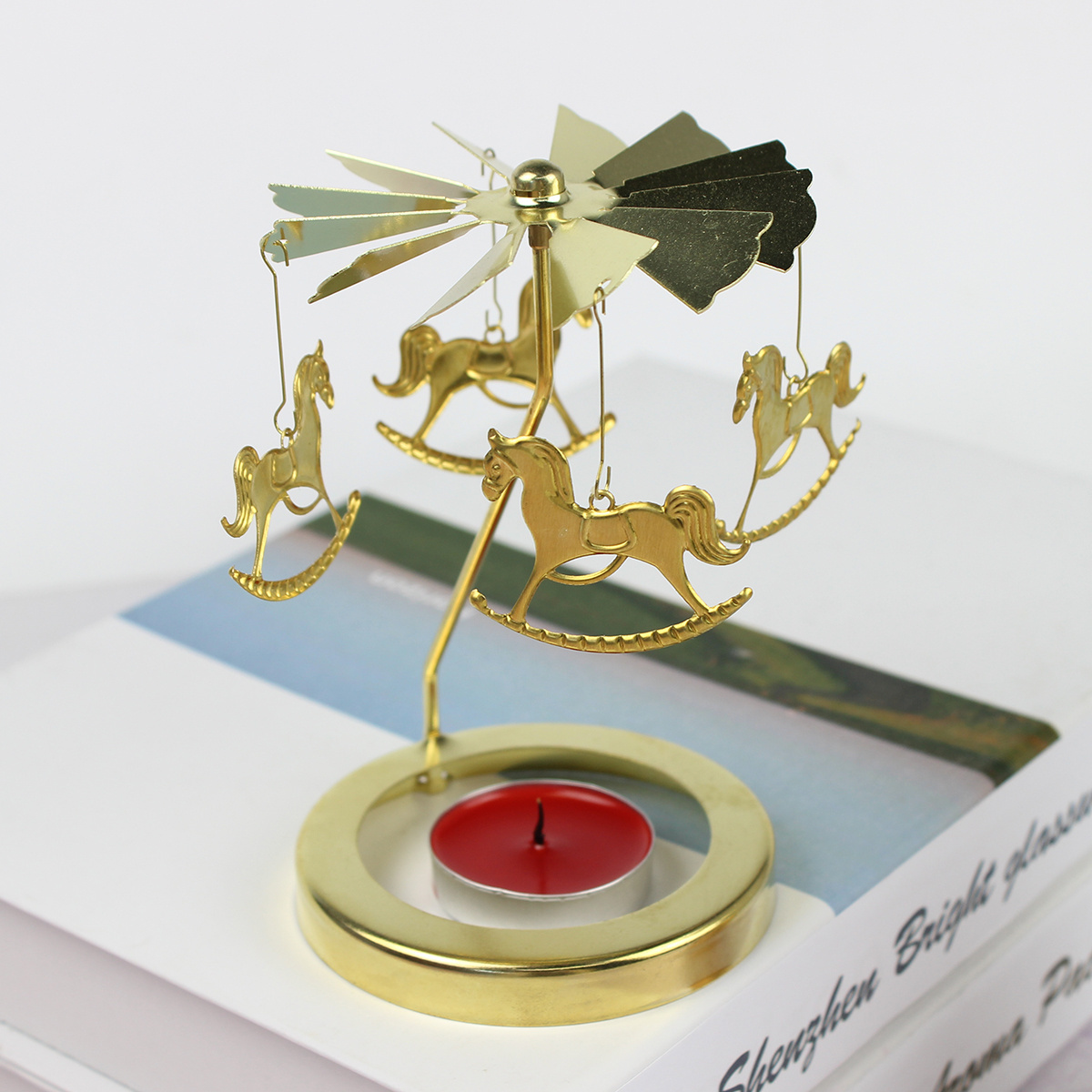 New Arrivals Cute Horse Gold Carousel Candlestick Spinning Rotary Metal Tea Light Candle Holder for Wedding Favors