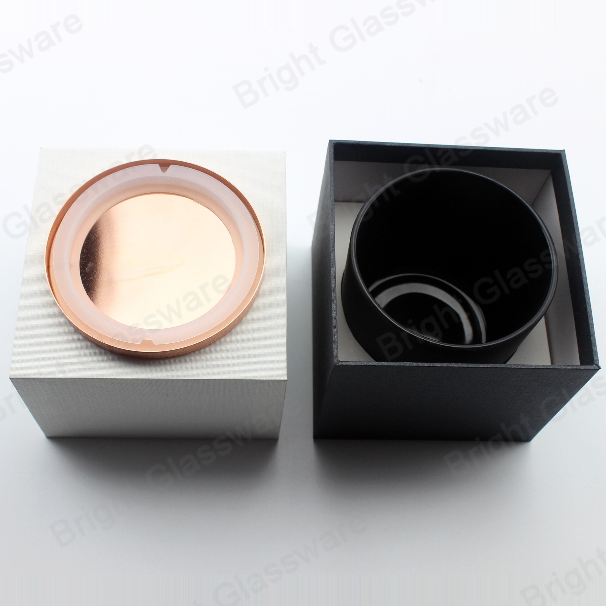 Wholesale empty 30cl matte finished candle vessels 10oz Matte black glass candle jars with rose gold metal lid and box in bulk