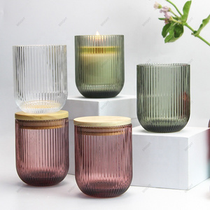 Custom Color Empty Ribbed Round Bottom Luxury Glass Jar Candle Jar with Lid Candle Jars For Wedding Decoration