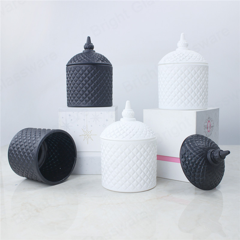 Wholesale 500ml Matte Black White Crystal Geo Cut Glass Candle Jar Empty Glass Storage Jars With Lid And Box