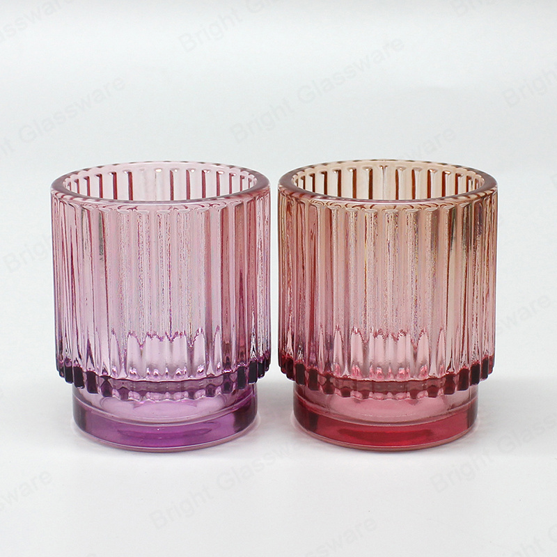 China Supplier 100ml 200ml Pink Purple Gradient Color Ribbed Glass Votive Candle Holder For Candle Making