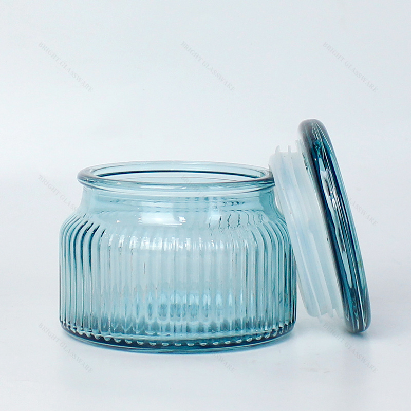 Vertical Striped Votive Container Clear Amber Blue Pink Luxury Colored Glass Jars With Glass Lids For Candle Making