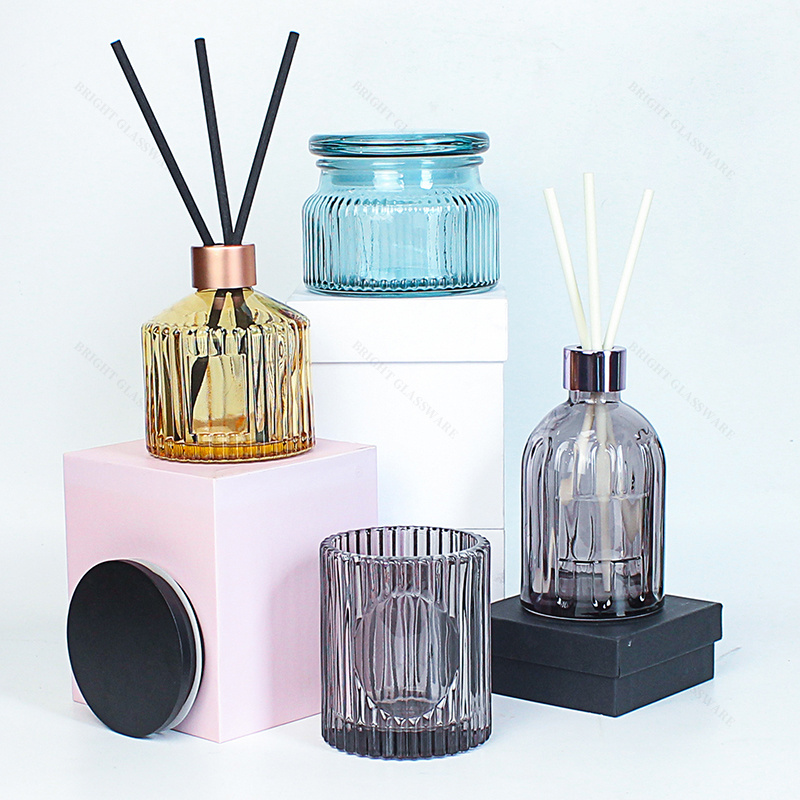 Vertical Striped Votive Container Clear Amber Blue Pink Luxury Colored Glass Jars With Glass Lids For Candle Making