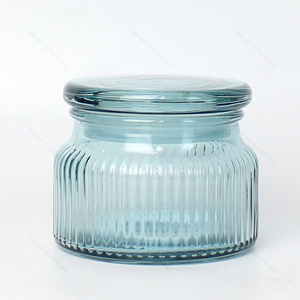 Vertical Striped Votive Container Clear Amber Blue Pink Luxury Colored Glass Jars With Glass Lids For Candle Making