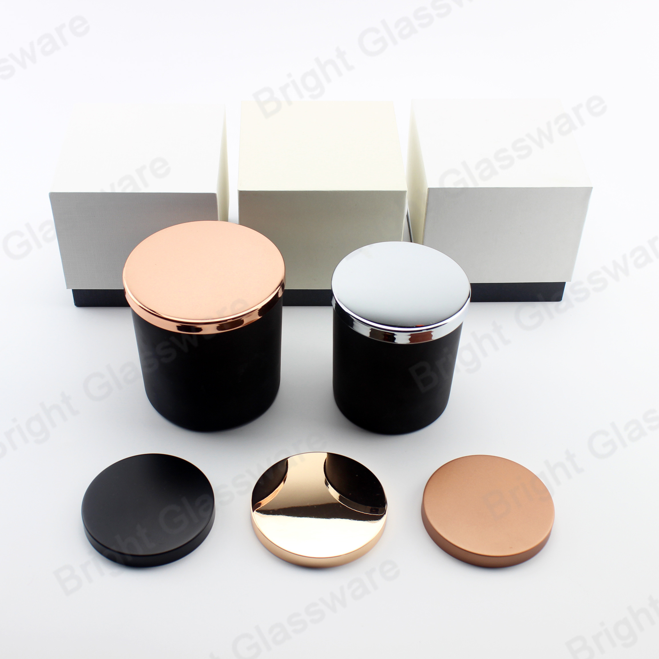 Wholesale empty 30cl matte finished candle vessels 10oz Matte black glass candle jars with rose gold metal lid and box in bulk