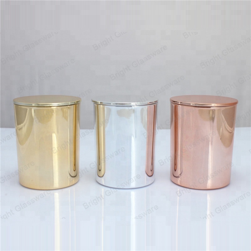 Wholesale New Design Plating Copper Colored Rose Gold  Finished Glass Candle Jars Candle Holders With Lids