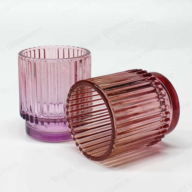 China Supplier 100ml 200ml Pink Purple Gradient Color Ribbed Glass Votive Candle Holder For Candle Making