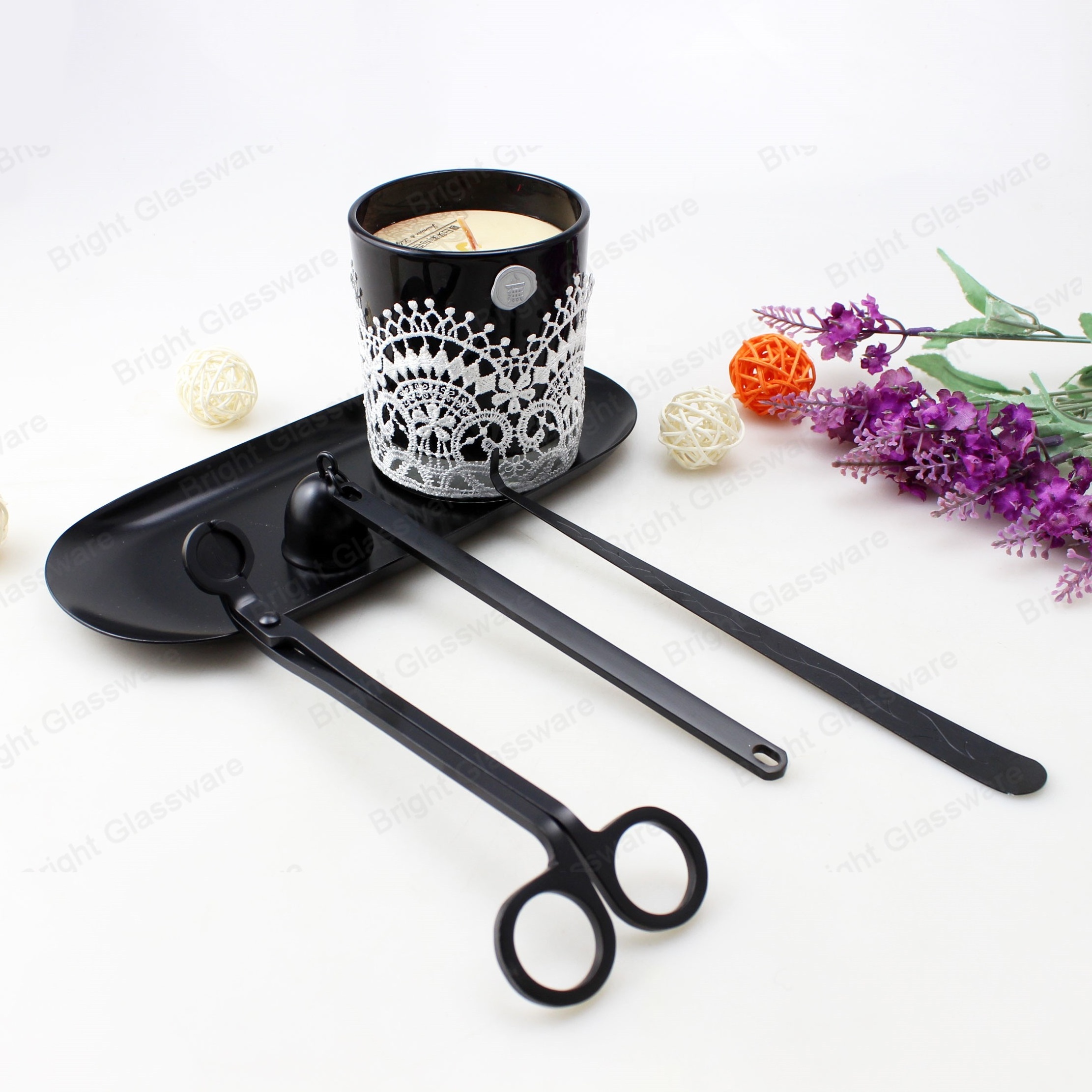 Customized engraved candle accessories tool candle wick trimmer set black rose gold dipper lighter candle snuffer wholesale