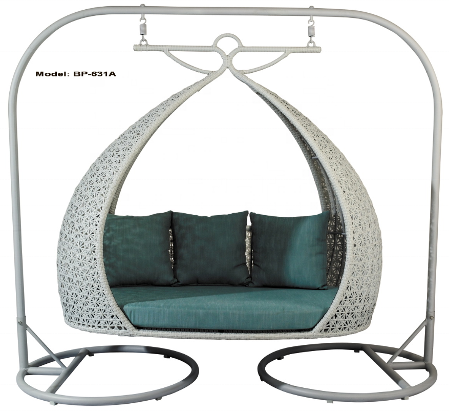 Aluminum PE rattan Garden Double peacock Hanging Swing Sofa Outdoor furniture Foshan factory