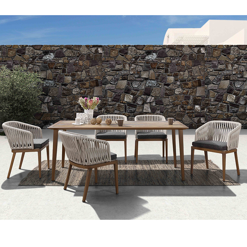 Modern Style Aluminum Frame Wood Finished Outdoor Rope Weaving Patio Dinning Set Rattan Outdoor Patio Furniture