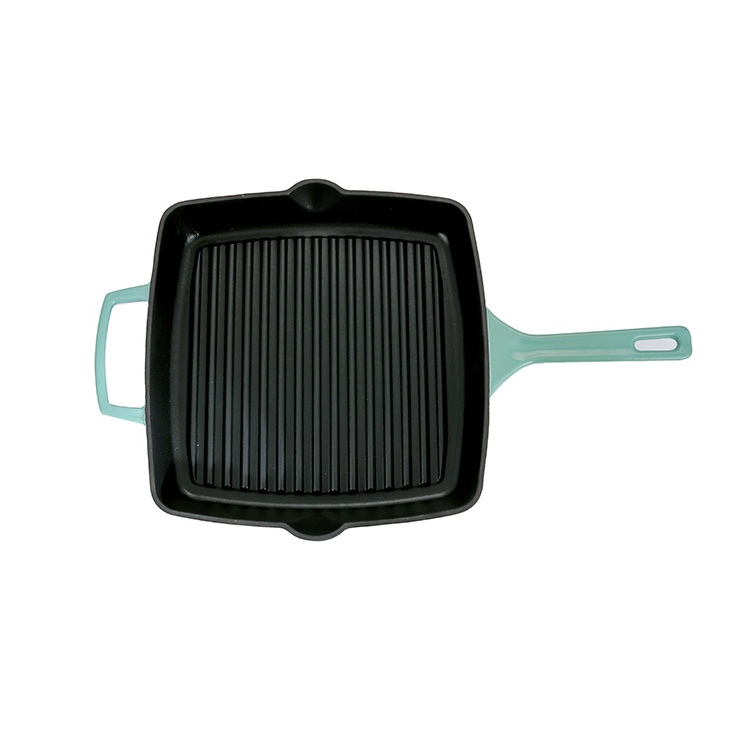 Bright Houseware Popular Cast Iron Pan Bbq Cookware Light Green Enameled Cast Iron Skillet 28cm Square Griddle And Grill Pan