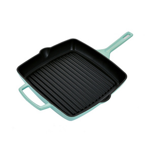 Bright Houseware Popular Cast Iron Pan Bbq Cookware Light Green Enameled Cast Iron Skillet 28cm Square Griddle And Grill Pan