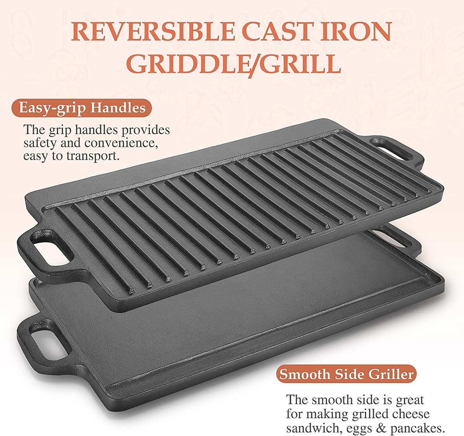 Pre-seasoned Oil Coating Non Stick Double Sided Grill Pan Camping Cookware Flat Pan Rectangle Reversible Bbq Grill Pan