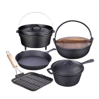 Portable 7 Pieces Camping Kitchen Set Pre-seasoned Cast Iron Cookware For Outdoor Family Hiking Picnic Tools