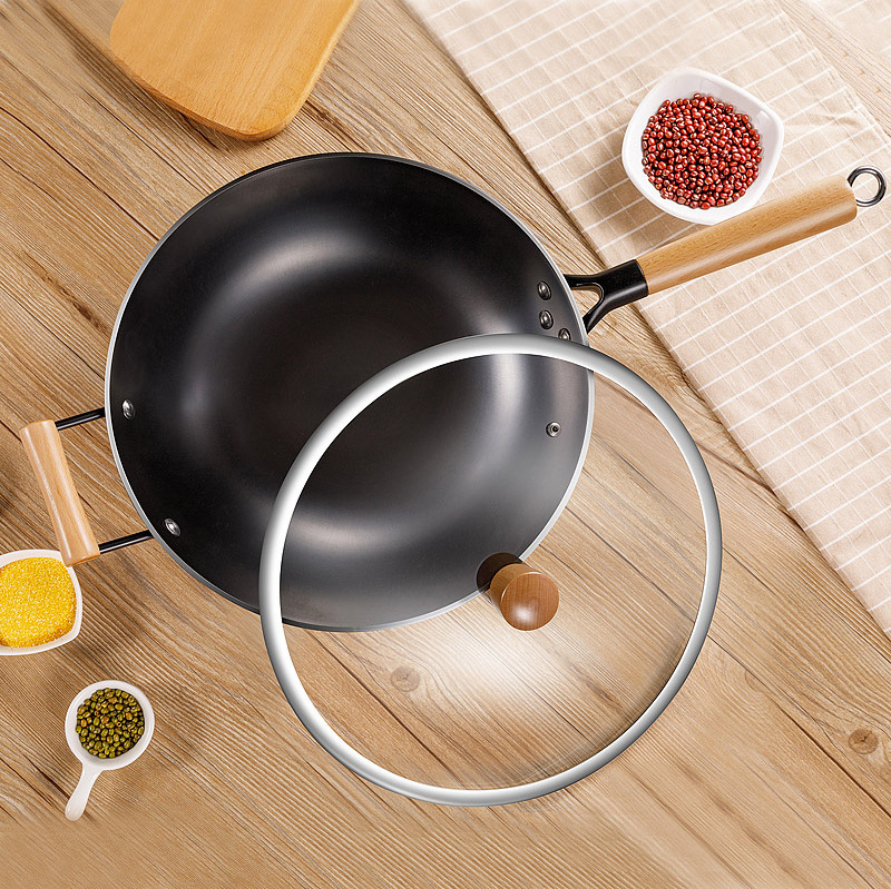 New Product Cookware 14 inch Kitchen Cooking Chinese Cast Iron Wok Wooden Handle Nonstick Wok