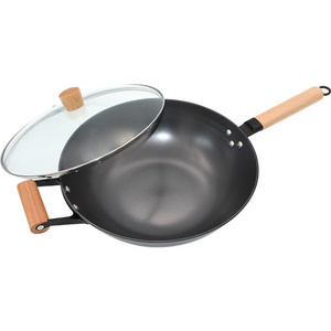 New Product Cookware 14 inch Kitchen Cooking Chinese Cast Iron Wok Wooden Handle Nonstick Wok