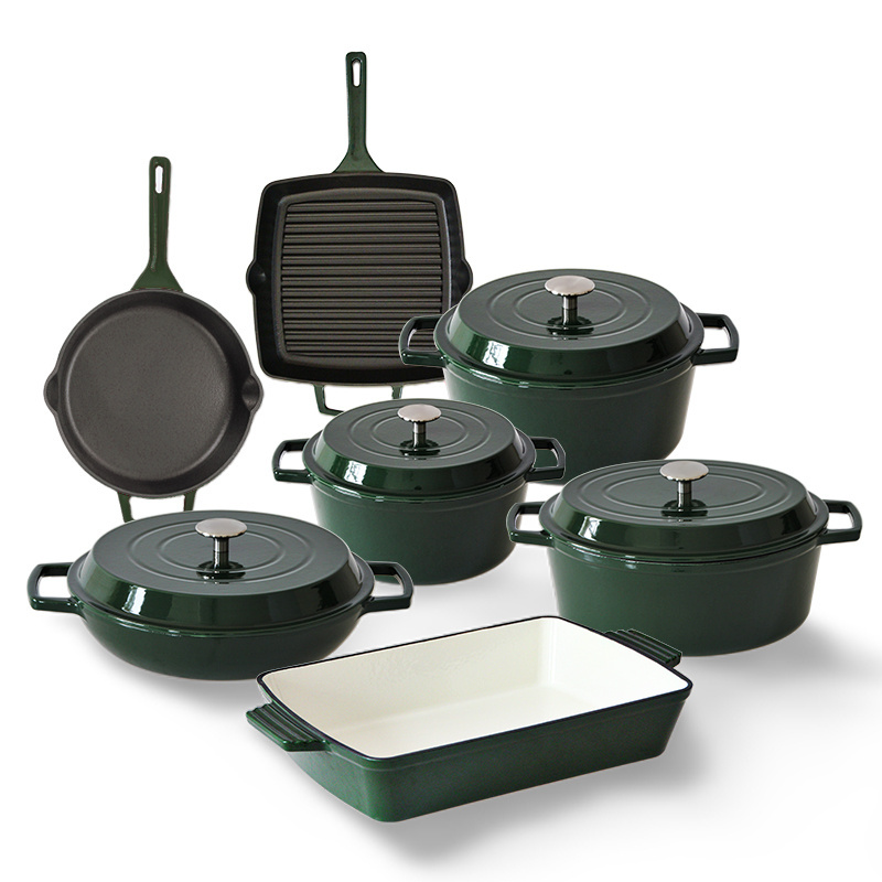 Bright Houseware Restaurant High-Quality New Dark Green Enamel Cast Iron Casserole Non Stick Dutch Oven Cast Iron Cookware Set