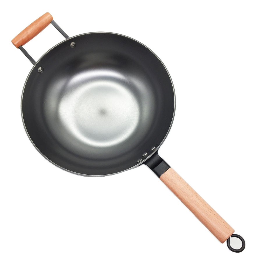 New Product Cookware 14 inch Kitchen Cooking Chinese Cast Iron Wok Wooden Handle Nonstick Wok