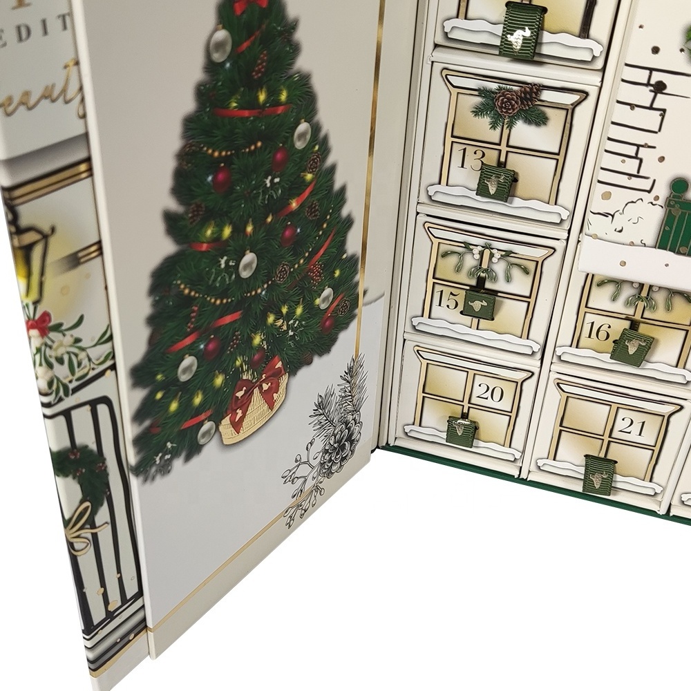 Custom Christmas empty advent calendar 10/12/24/26 drawers gift packaging cardboard box for cosmetic