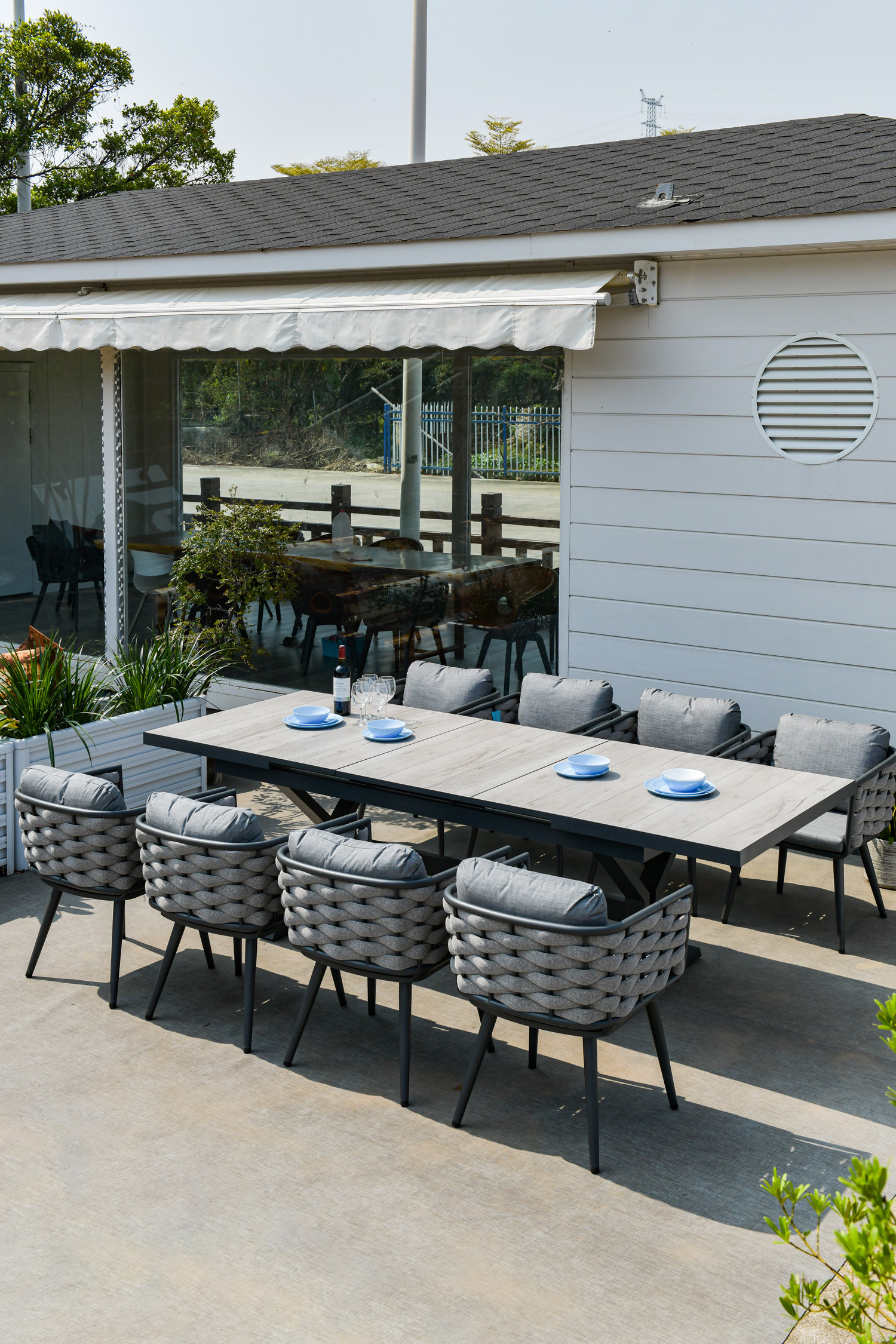 extendable expanding 203-163 cm 8 people  ceramic top aluminum frame garden dining table rope rattan chair outdoor furniture set