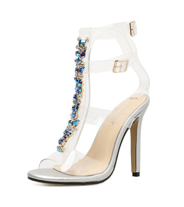 Summer Women 12Cm Sexy High Heel Pvc Transparent Strappy Sandals Multicolor Rhinestone Stiletto Heels Female