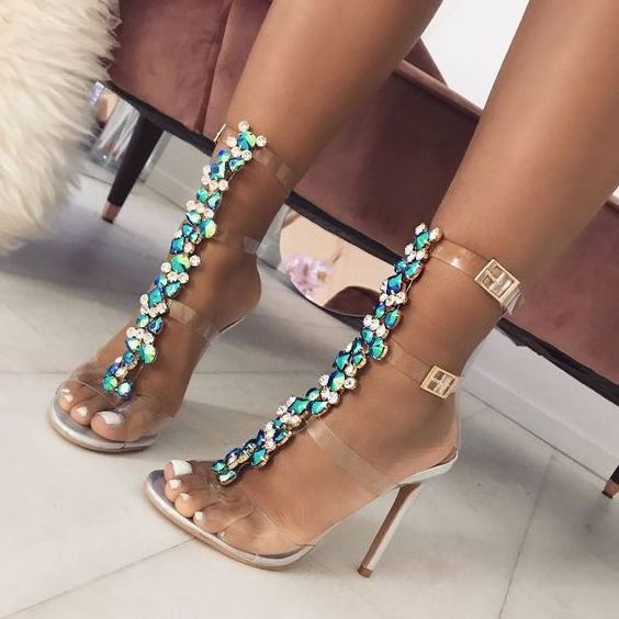 Summer Women 12Cm Sexy High Heel Pvc Transparent Strappy Sandals Multicolor Rhinestone Stiletto Heels Female