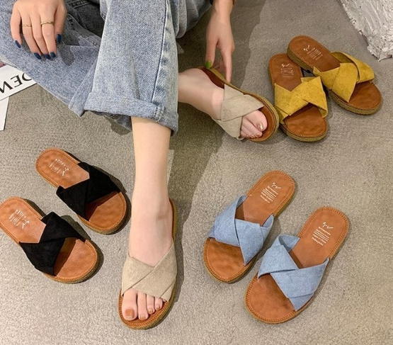 Flip-flops Suede flat cross slippers for Women's shoes Beef tendon soft sole f summer beach casual shoes non-slide slippers