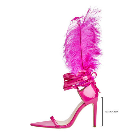 high quality  detachable sexy feather lace up strap heel with feathers dance shiny patent pointed toe stiletto high heel sandals