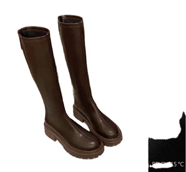 Winter Plus Fleece Slim Brown High Boots Solid Color Leather Rider Knee-High Boots For Women Boots up to the knees