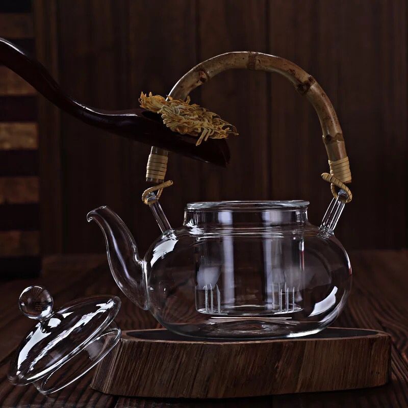 Clear Glass teapot/coffee pot with filter and bamboo handle, 600ml