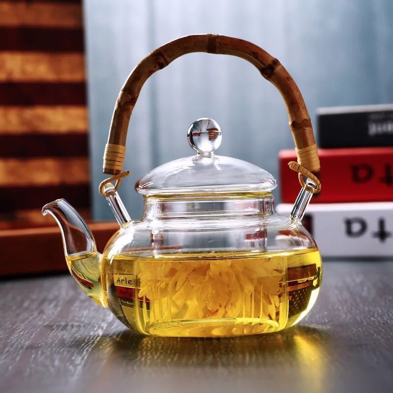 Clear Glass teapot/coffee pot with filter and bamboo handle, 600ml