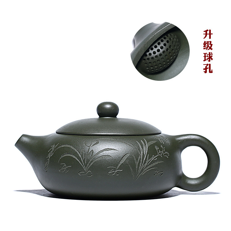 Handmade green purple clay tea pot, Zisha Xishi hu with engraved orchid, Kongfu purple clay tea set from Yixing