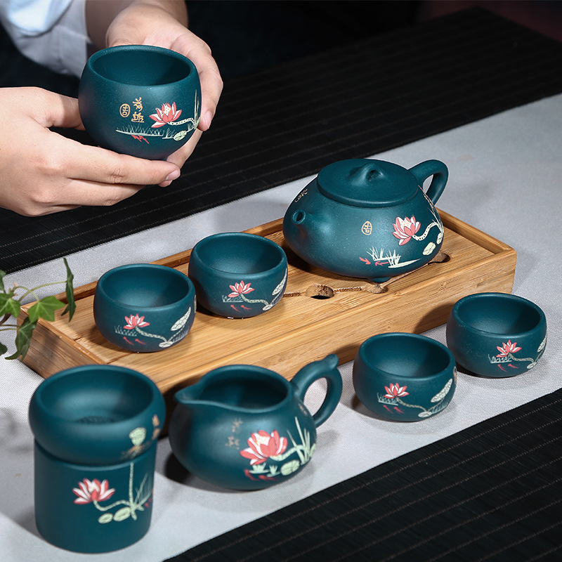 Hot sale Chinese blue color ShiPiao tea pot, Kongfu tea set with gift box, purple clay tea set from Yixing