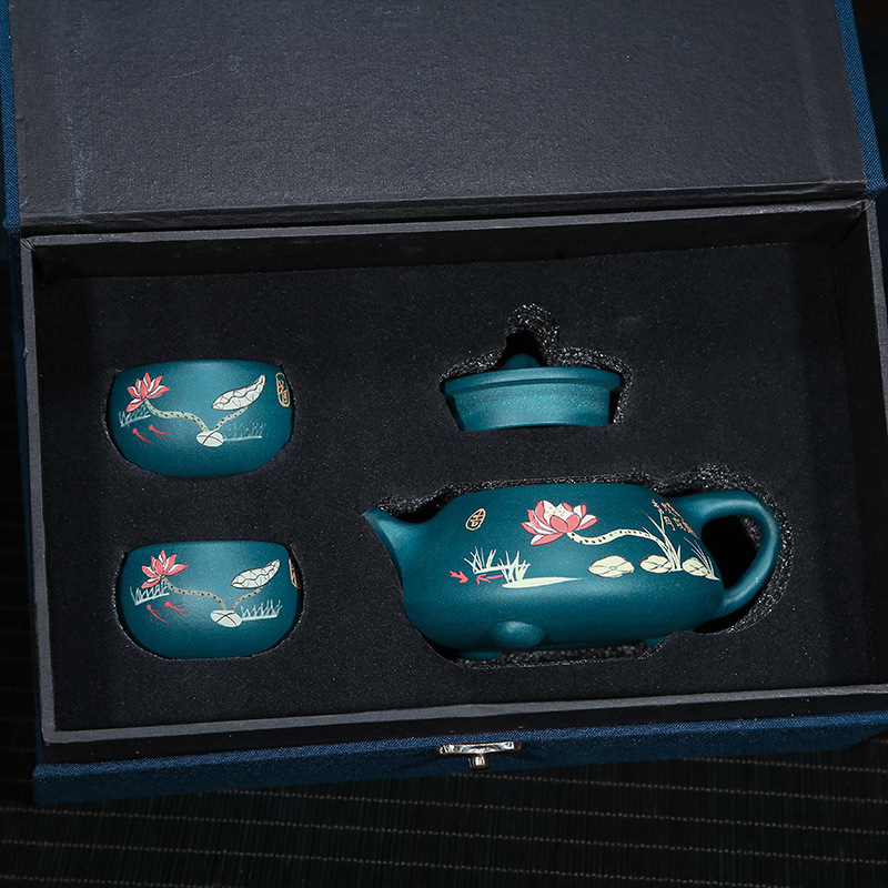 Hot sale Chinese blue color ShiPiao tea pot, Kongfu tea set with gift box, purple clay tea set from Yixing