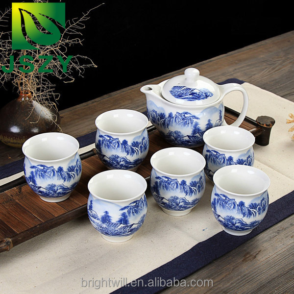 7 pieces blue and white China flower ceramic tea set, teapot and double walled teacups