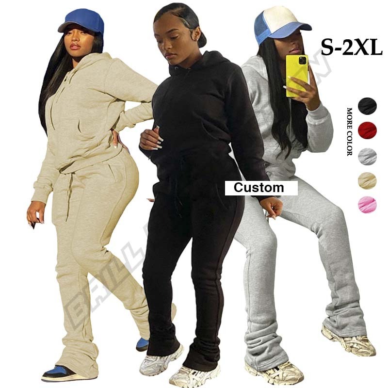 OEM Custom Logo Thick Fleece Cotton Stacked Jogging Suit Women Sweat Suits Set Tracksuit Sweat suit BestSuppliers