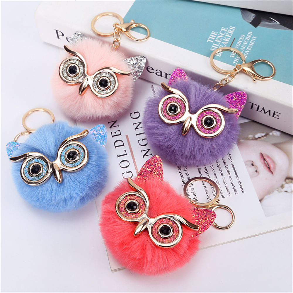 Fashion Customized Comfortable Fluffy Pom Pom Keychain Fur Owl Pompom Keychains With Gold keyring For Women And Girls