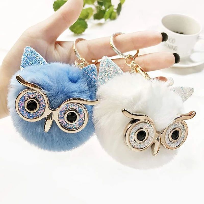 Fashion Customized Comfortable Fluffy Pom Pom Keychain Fur Owl Pompom Keychains With Gold keyring For Women And Girls