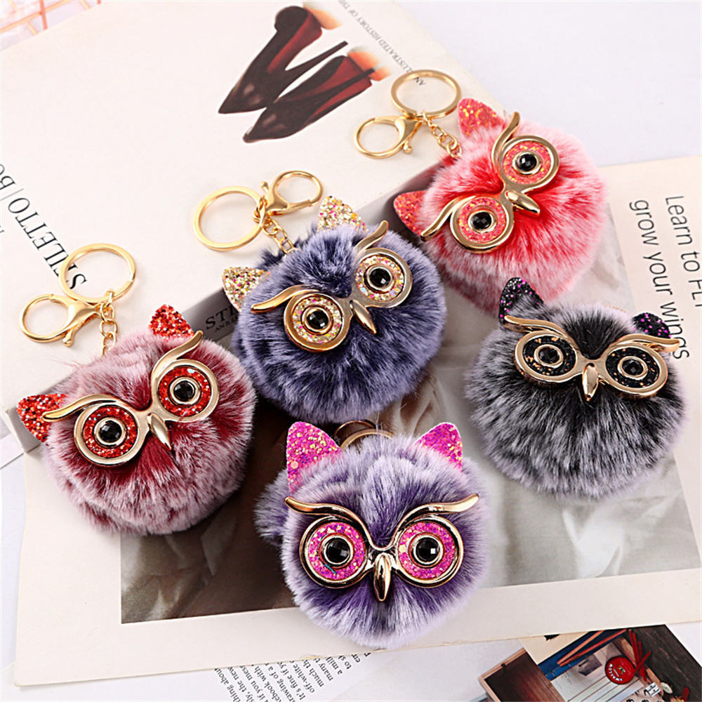 Fashion Customized Comfortable Fluffy Pom Pom Keychain Fur Owl Pompom Keychains With Gold keyring For Women And Girls