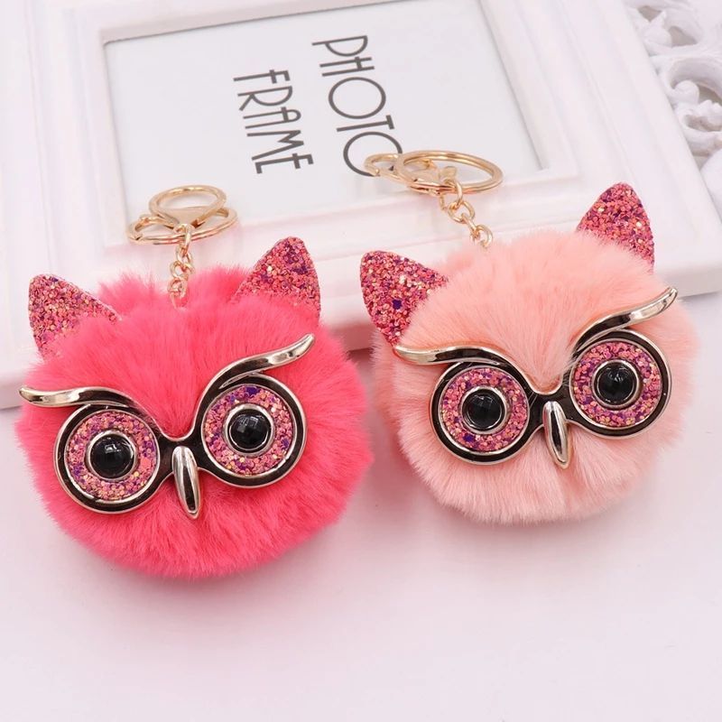 Fashion Customized Comfortable Fluffy Pom Pom Keychain Fur Owl Pompom Keychains With Gold keyring For Women And Girls