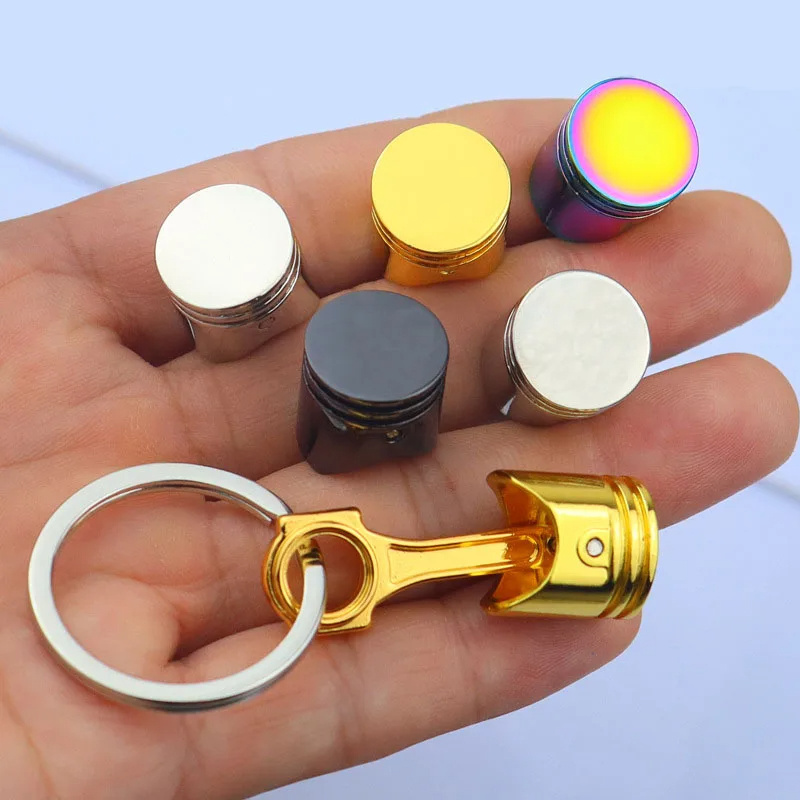 China Manufacturer No MOQ Factory Gold Nickel Rainbow Plating Auto Modification Piston Model Metal Keychains