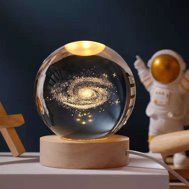 3D Solar System  Galaxy Engraved 3d Laser Crystal Ball with LED Lighting wood Base