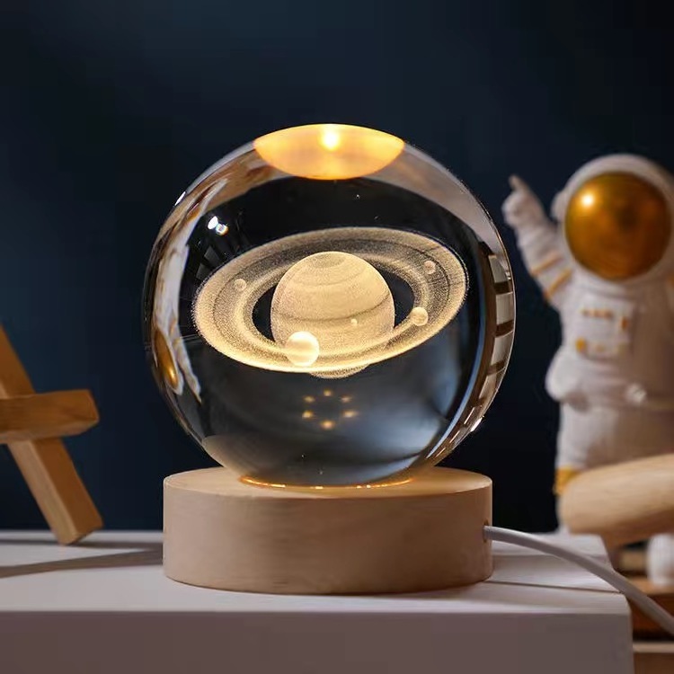 3D Solar System  Galaxy Engraved 3d Laser Crystal Ball with LED Lighting wood Base