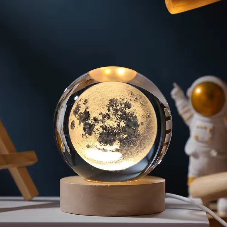 3D Solar System  Galaxy Engraved 3d Laser Crystal Ball with LED Lighting wood Base